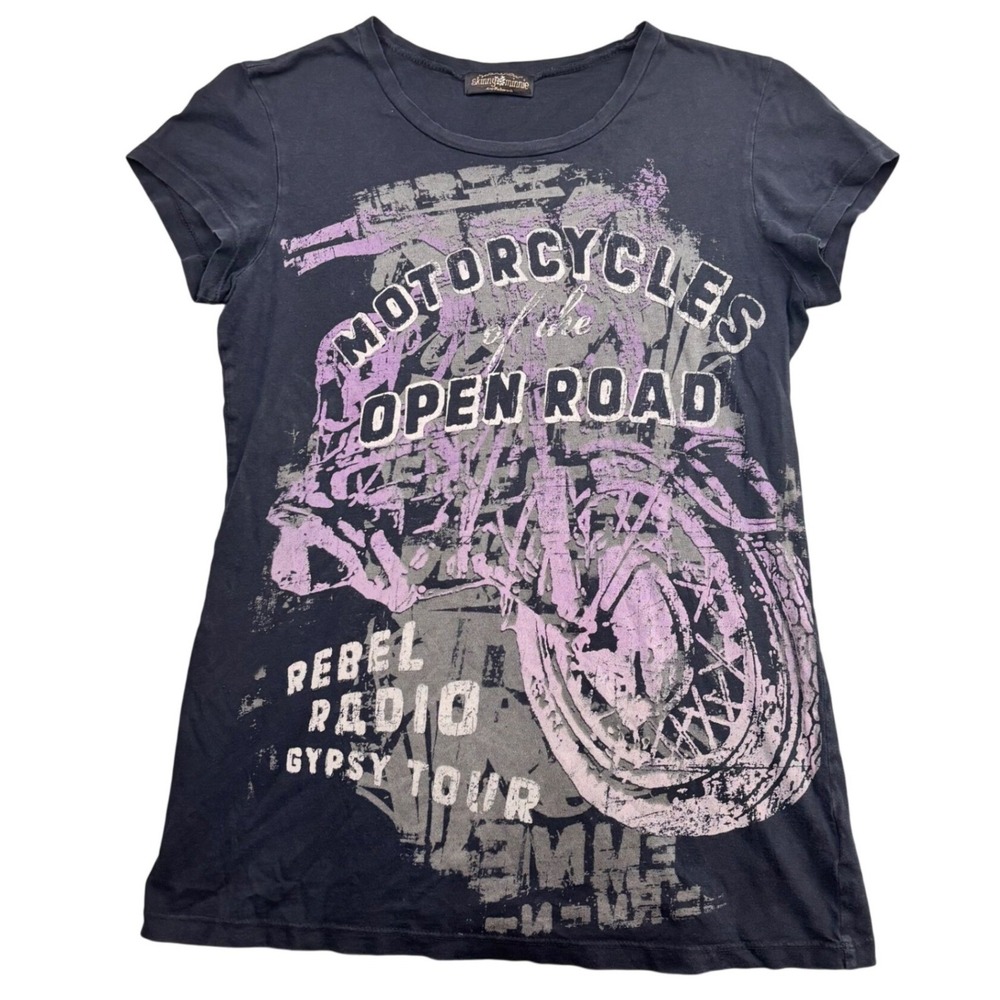 Skinny Minnie Womens Motorcycles Open Road Graphic Tee Faded Black Purple Medium